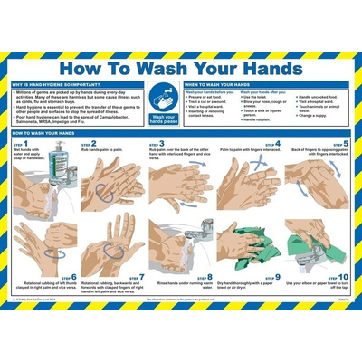 RS PRO How to Wash Your Hands Guidance Safety Poster, Semi Rigid Laminate, English, 420 mm, 590mm