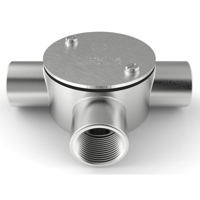 RS PRO 3 Way Tee Box, Conduit Fitting, 20mm Nominal Size, 316 Stainless Steel, Silver
