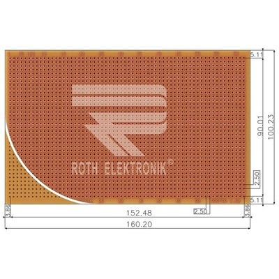 RE100-HP, Single Sided Eurocard PCB FR2 With 37 x 56 1mm Holes, 2.5 x 2.5mm Pitch, 160 x 100 x 1.5mm