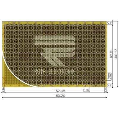 RE100-LF, Single Sided Eurocard PCB FR4 With 37 x 56 1mm Holes, 2.5 x 2.5mm Pitch, 160 x 100 x 1.5mm