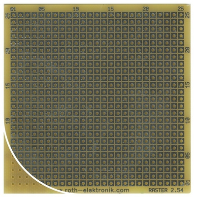 RE016-LF, Single Sided Matrix Board FR4 with 25 x 25 1mm Holes, 2.54 x 2.54mm Pitch, 68.58 x 67.94 x 1.5mm