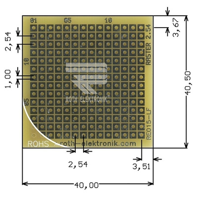RE015-LF, Single Sided Matrix Board FR4 with 14 x 14 1mm Holes, 2.54 x 2.54mm Pitch, 40.5 x 40 x 1.5mm