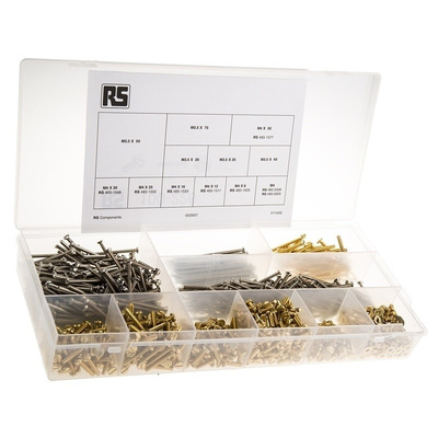 RS PRO Brass, Steel 1250 Piece Slot Drive Screw/Bolt, Nut & Washer Kit