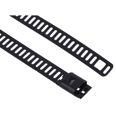 RS PRO Cable Tie, Ladder, 300mm x 7 mm, Black Polyester Coated Stainless Steel, Pk-100