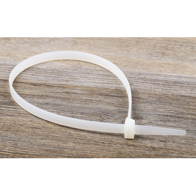 RS PRO Cable Tie, 380mm x 7.6 mm, Natural Nylon, Pk-100