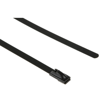 RS PRO Cable Tie, Roller Ball, 150mm x 4.6 mm, Black Polyester Coated Stainless Steel, Pk-100