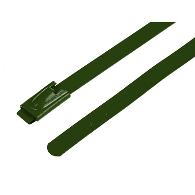 RS PRO Cable Tie, Roller Ball, 200mm x 4.6 mm, Green Polyester Coated Stainless Steel, Pk-100