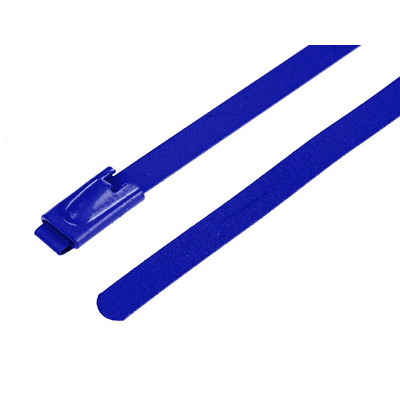 RS PRO Cable Tie, Roller Ball, 150mm x 4.6 mm, Blue Polyester Coated Stainless Steel, Pk-100