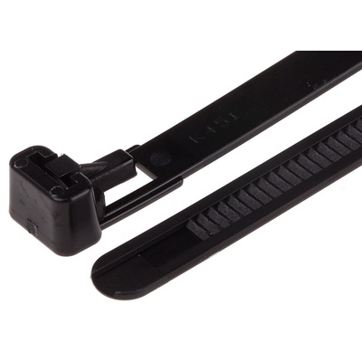 RS PRO Cable Tie, Releasable, 150mm x 7.6 mm, Black Nylon, Pk-100