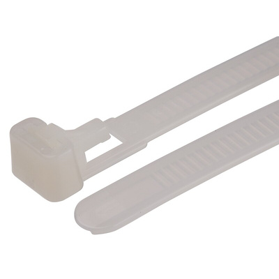 RS PRO Cable Tie, Releasable, 150mm x 7.6 mm, Natural Nylon, Pk-100