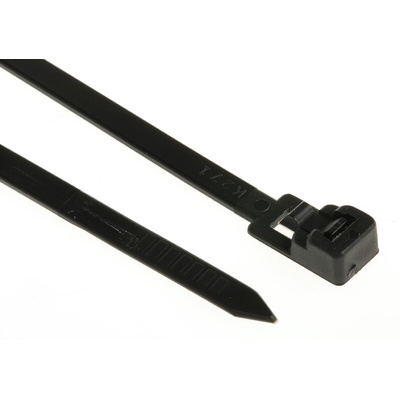 RS PRO Cable Tie, Releasable, 250mm x 4.5 mm, Black Nylon, Pk-100