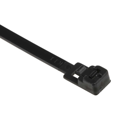 RS PRO Cable Tie, Releasable, 200mm x 4.5 mm, Black Nylon, Pk-100