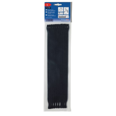 HellermannTyton Cable Tie, Hook and Loop, 200mm x 12.5 mm, Black PA (Loop), PE (Hook), Pk-10
