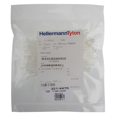 HellermannTyton Cable Tie, 100mm x 2.5 mm, White Polyamide 6.6 (PA66), Pk-100