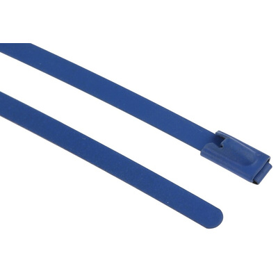 RS PRO Cable Tie, Roller Ball, 100mm x 4.6 mm, Blue Polyester Coated Stainless Steel, Pk-100
