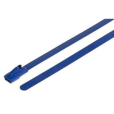 RS PRO Cable Tie, Roller Ball, 360mm x 4.6 mm, Blue Polyester Coated Stainless Steel, Pk-100