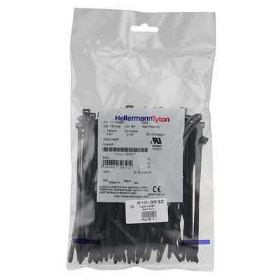 HellermannTyton Cable Tie, Inside Serrated, 150mm x 4.6 mm, Black Polyamide 6.6 (PA66), Pk-100