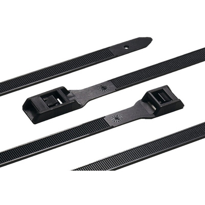 HellermannTyton Cable Ties, Releasable, 180mm x 9 mm, Black Polyamide 6.6 (PA66)