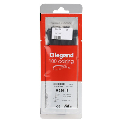 Legrand Cable Tie, 180mm x 3.5 mm, Black Nylon, Pk-100