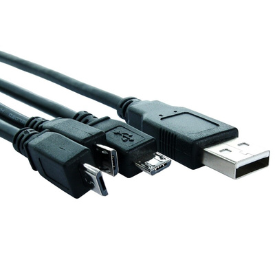 RS PRO USB 2.0 Cable, Male USB A to Male Micro USB B x 3 Cable, 800mm