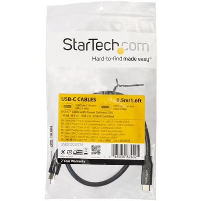 StarTech.com USB 2.0 Cable, Male USB C to Male USB C Cable, 0.5m