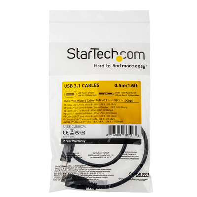 StarTech.com USB 3.1 Cable, Male USB C to Male Micro USB B Cable, 0.5m