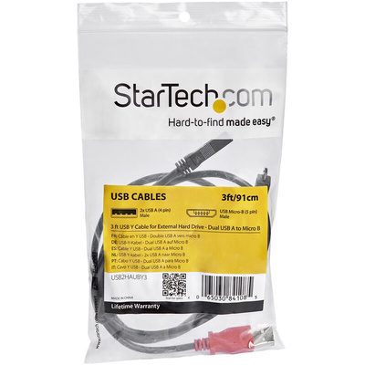 StarTech.com USB 2.0 Cable, Male USB A x 2 to Male Micro USB B  Cable, 0.9m