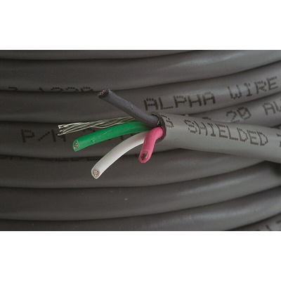 Alpha Wire Alpha Essentials Control Cable, 4 Cores, 0.56 mm², Screened, 30m, Grey PVC Sheath, 20 AWG