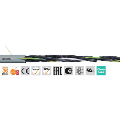 Igus chainflex CF130.UL Control Cable, 3 Cores, 0.5 mm², Unscreened, 100m, Grey PVC Sheath, 20 AWG