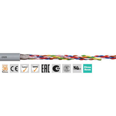 Igus chainflex CF211 Data Cable, 8 Cores, 0.25 mm², Screened, 100m, Grey PVC Sheath, 23 AWG