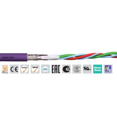 Igus chainflex CFBUS.PUR Data Cable, 2 Cores, 0.25 mm², Screened, 50m, Purple PUR Sheath, 24 AWG