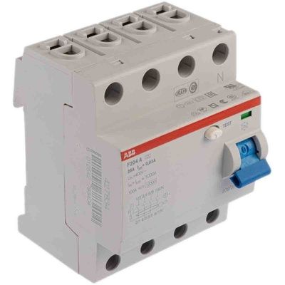 ABB 4 Pole Type A Residual Current Circuit Breaker, 25A F204, 30mA
