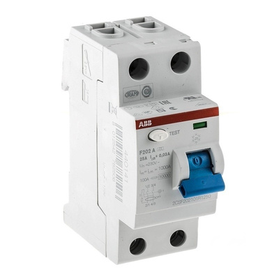 ABB 2 Pole Type A Residual Current Circuit Breaker, 25A F202, 30mA