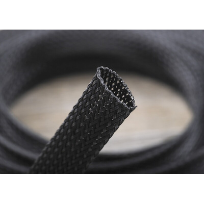 RS PRO Expandable Braided PET Black Cable Sleeve, 15mm Diameter, 5m Length