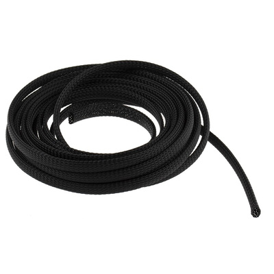 RS PRO Expandable Braided PET Black Cable Sleeve, 10mm Diameter, 5m Length