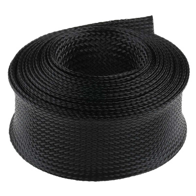 RS PRO Expandable Braided PET Black Cable Sleeve, 50mm Diameter, 5m Length