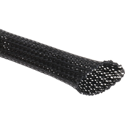 RS PRO Expandable Braided PET Black Cable Sleeve, 25mm Diameter, 10m Length