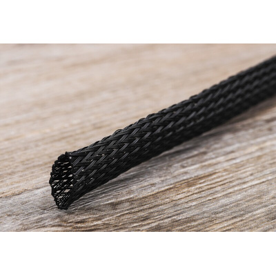 RS PRO Expandable Braided PET Black Cable Sleeve, 10mm Diameter, 10m Length
