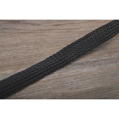 RS PRO Expandable Braided PET Black Cable Sleeve, 10mm Diameter, 10m Length