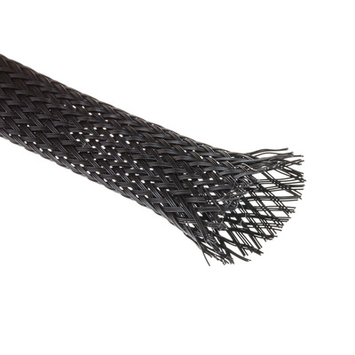RS PRO Expandable Braided PET Black Cable Sleeve, 12mm Diameter, 30m Length