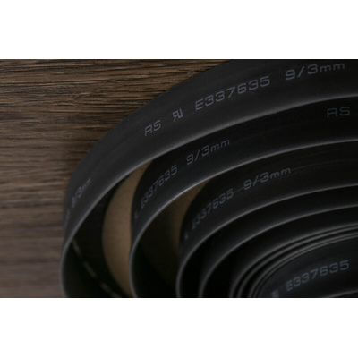 RS PRO Heat Shrink Tubing, Black 9mm Sleeve Dia. x 5m Length 3:1 Ratio