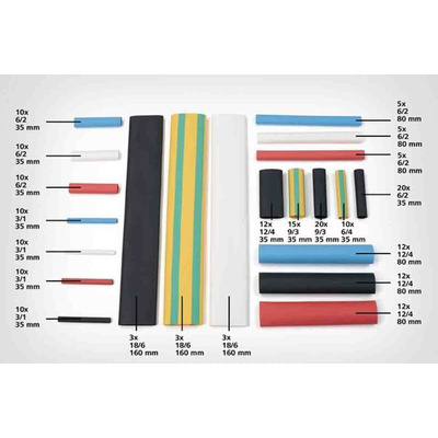 HellermannTyton Heat Shrink Tubing, Black, Blue, Green/Yellow, Red, White 3mm Sleeve Dia. x 35mm Length 3:1 Ratio