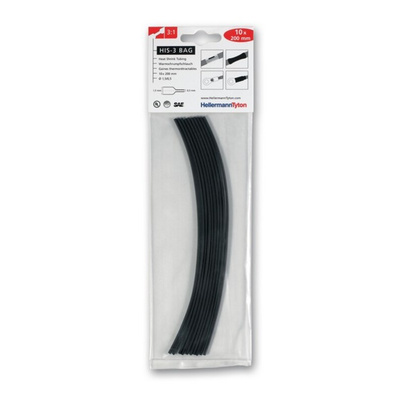HellermannTyton Heat Shrink Tubing, Black 1.5mm Sleeve Dia. x 200mm Length 3:1 Ratio, HIS-3 BAG Series