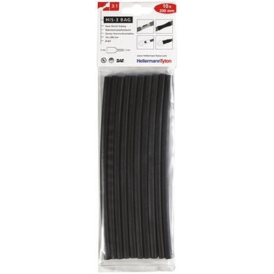 HellermannTyton Heat Shrink Tubing, Black 6mm Sleeve Dia. x 200mm Length 3:1 Ratio, HIS-3 BAG Series