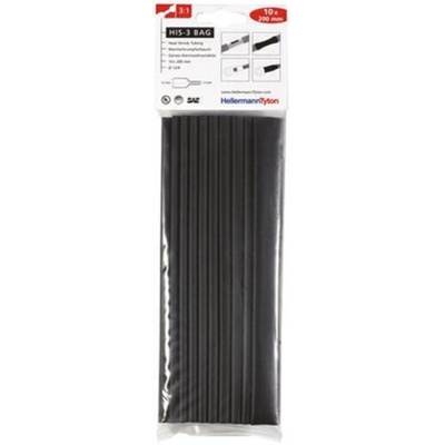 HellermannTyton Heat Shrink Tubing, Black 12mm Sleeve Dia. x 200mm Length 3:1 Ratio, HIS-3 BAG Series