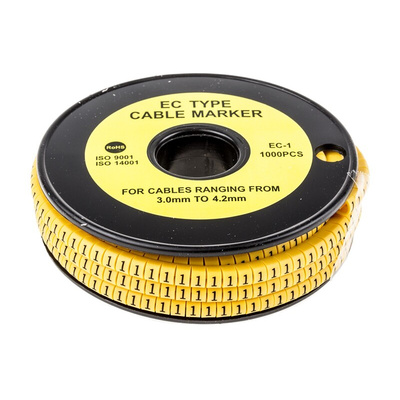 RS PRO Slide On Cable Markers, Black on Yellow, Pre-printed "1", 3 → 4.2mm Cable