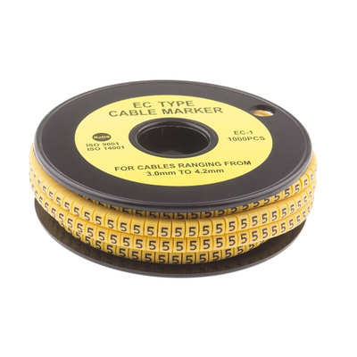 RS PRO Slide On Cable Markers, Black on Yellow, Pre-printed "5", 3 → 4.2mm Cable