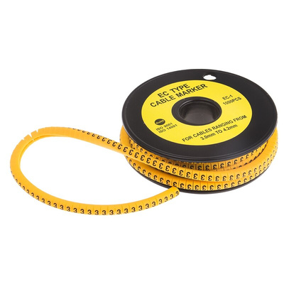 RS PRO Slide On Cable Markers, Black on Yellow, Pre-printed "3", 3 → 4.2mm Cable