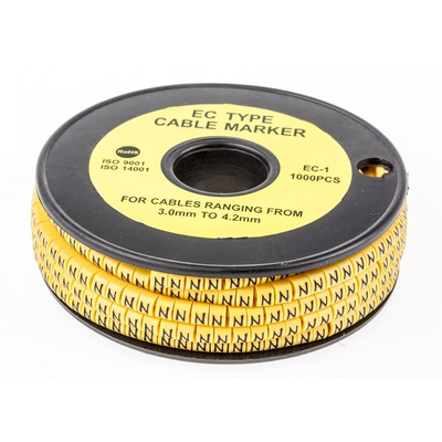 RS PRO Slide On Cable Markers, Black on Yellow, Pre-printed "N", 3 → 4.2mm Cable