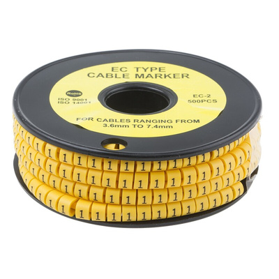 RS PRO Slide On Cable Markers, Black on Yellow, Pre-printed "1", 3.6 → 7.4mm Cable